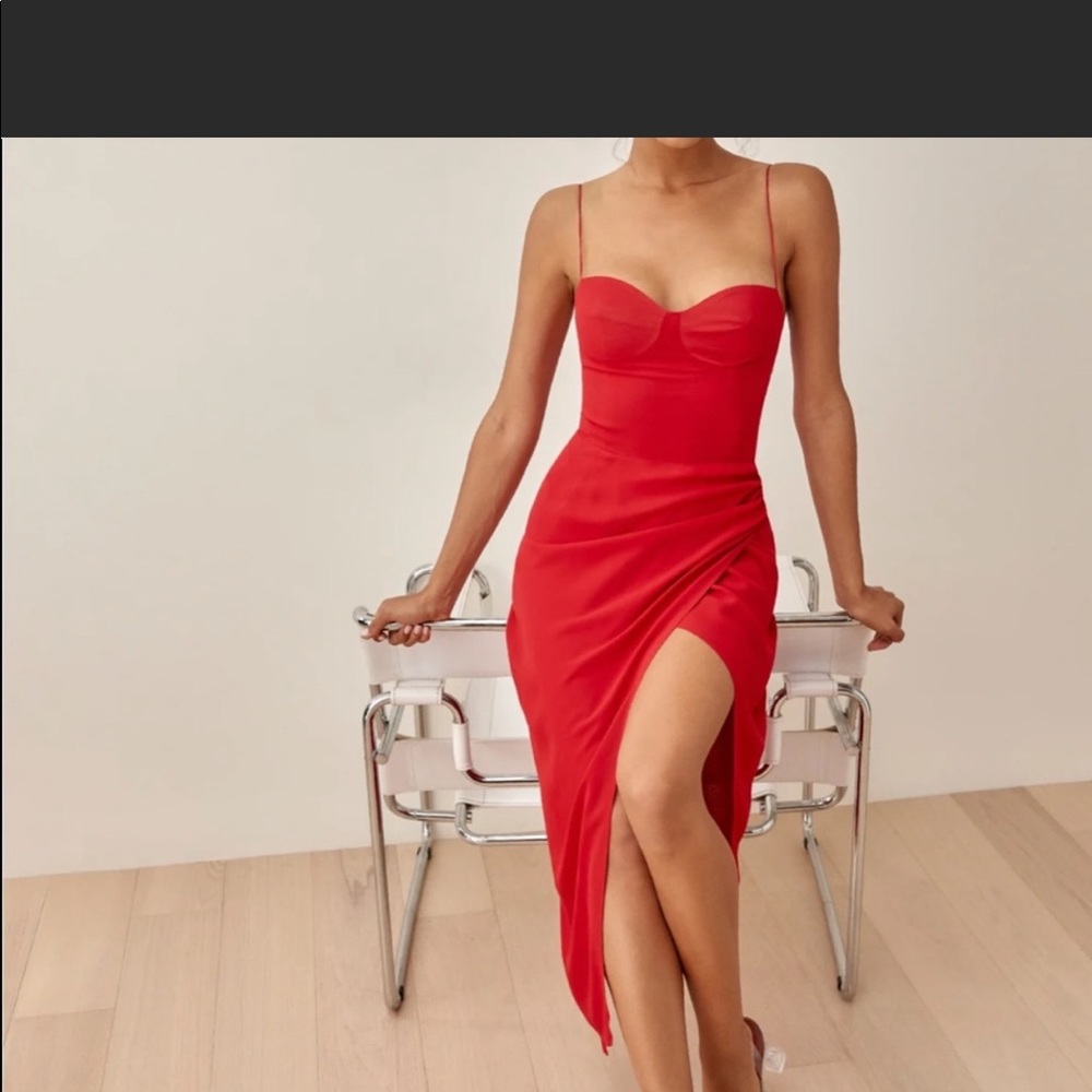 Reformation Red Midi Slip Dress with Thigh Slit